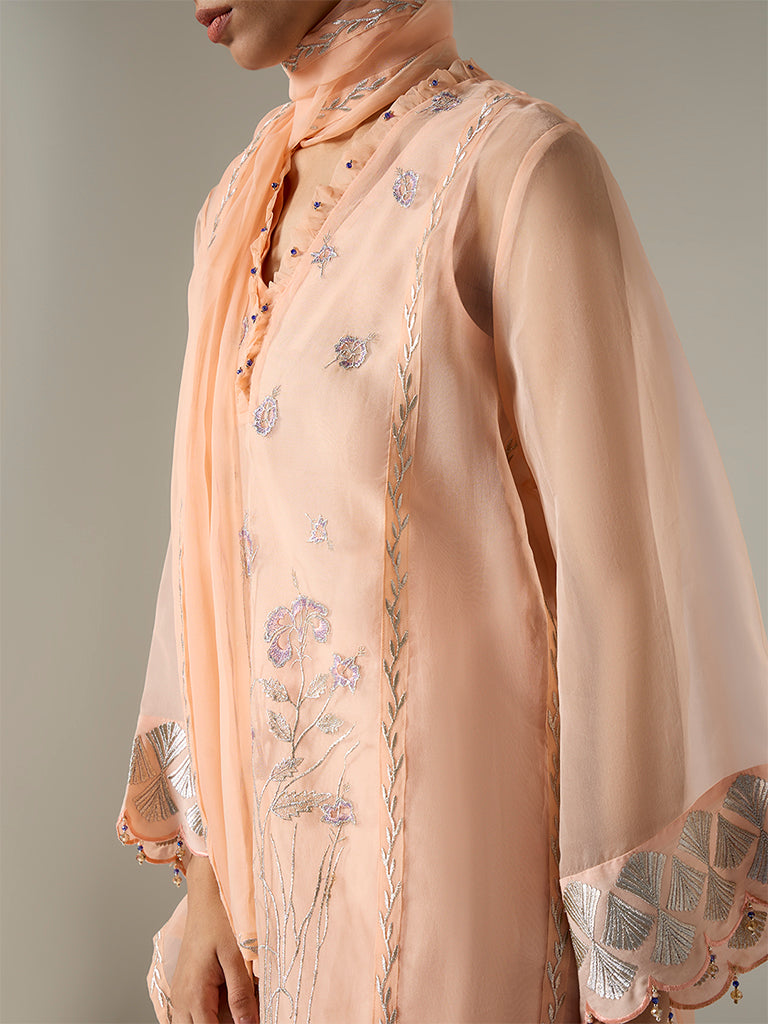 Vark Peach Floral Embroidered A-Line Ethnic Set