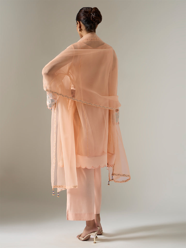 Vark Peach Floral Embroidered A-Line Ethnic Set