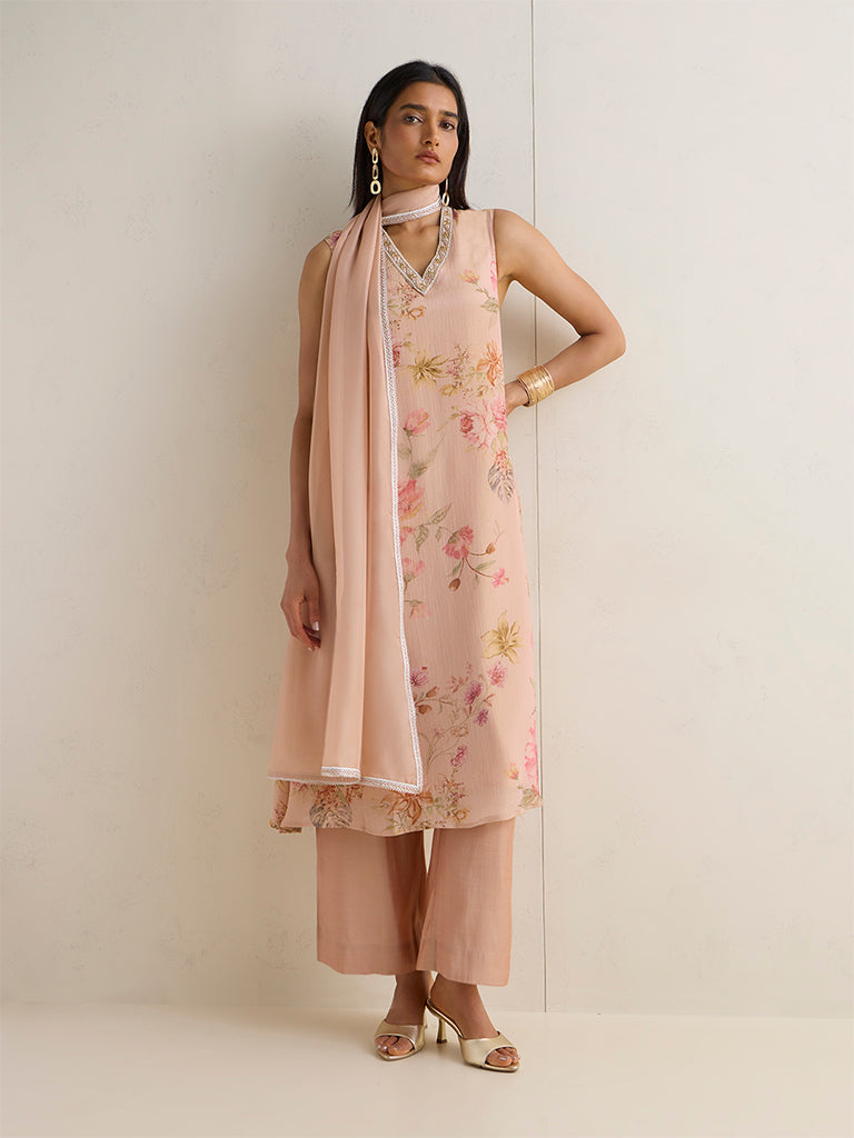 Vark Peach Floral Pattern A-Line Ethnic Set