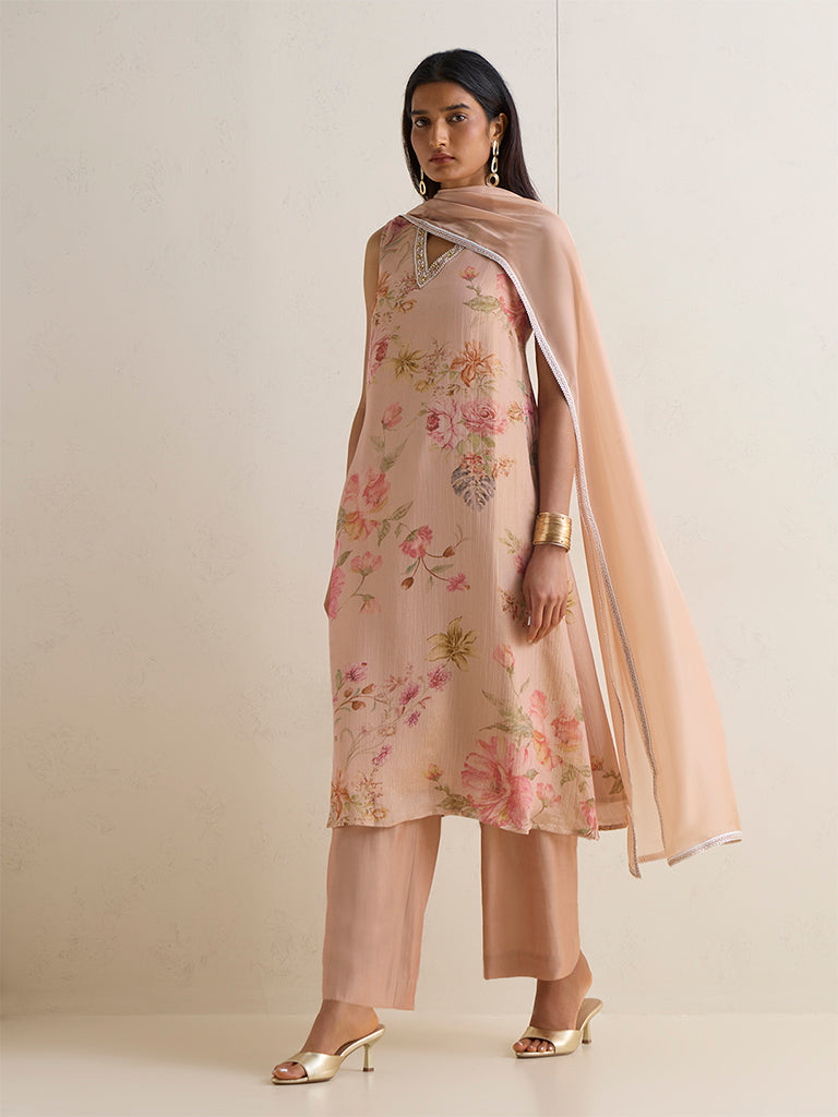 Vark Peach Floral Pattern A-Line Ethnic Set