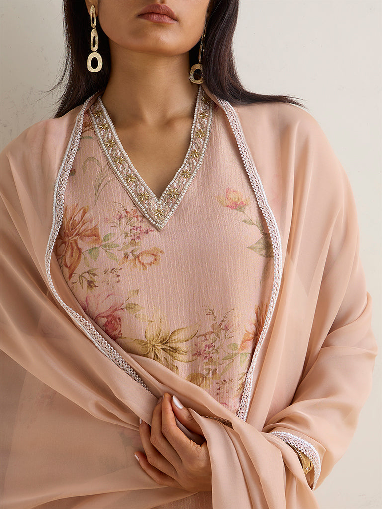 Vark Peach Floral Pattern A-Line Ethnic Set