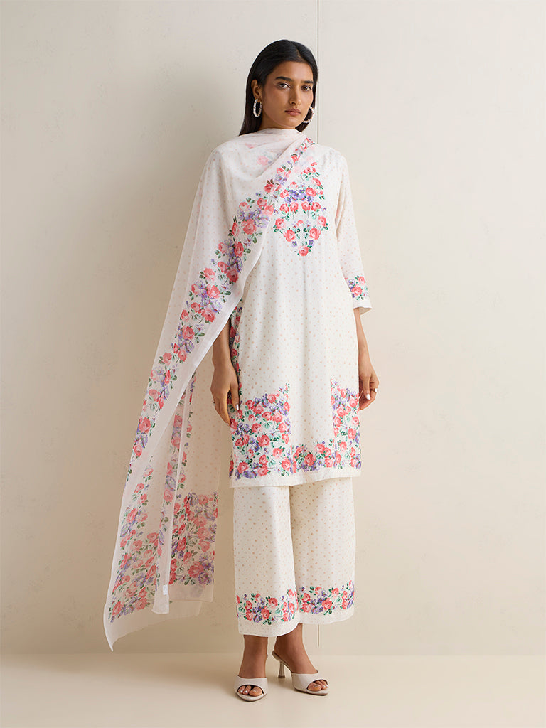 Vark White Floral Printed A-Line Ethnic Set