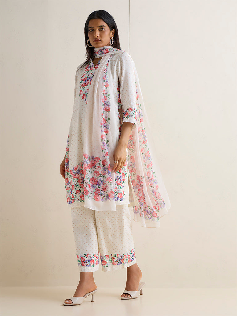 Vark White Floral Printed A-Line Ethnic Set