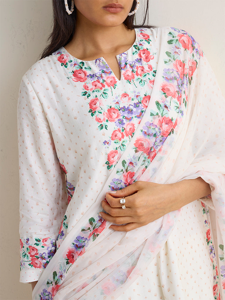 Vark White Floral Printed A-Line Ethnic Set