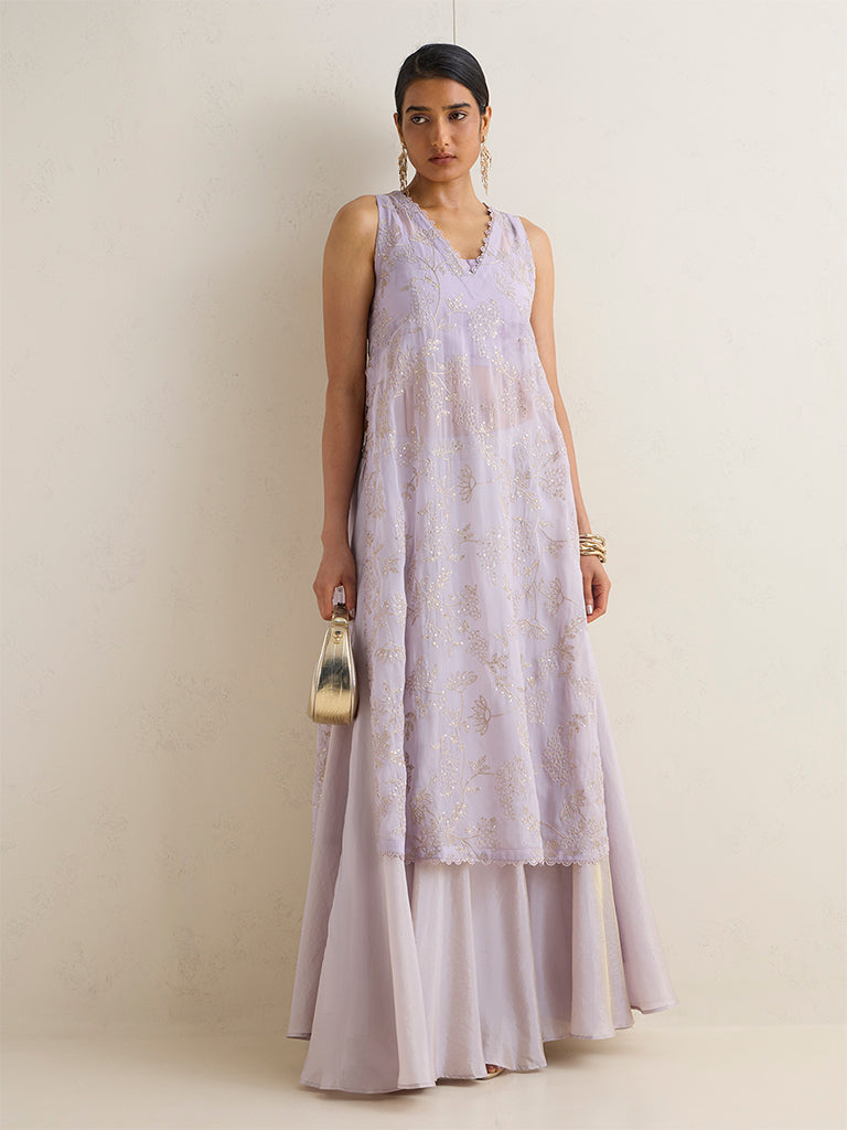 Vark Lilac Floral Embroidered A-Line Ethnic Set