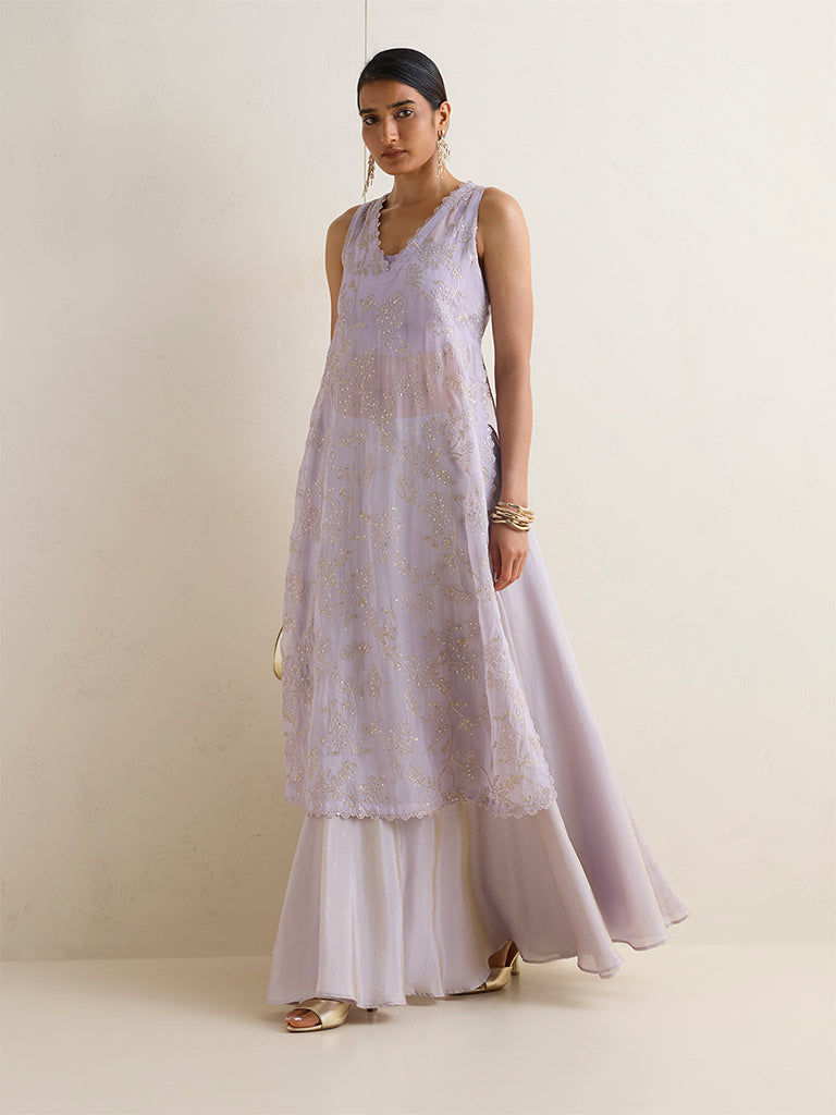 Vark Lilac Floral Embroidered A-Line Ethnic Set