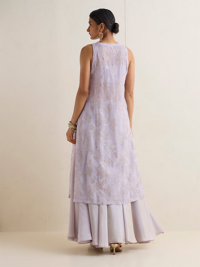 Vark Lilac Floral Embroidered A-Line Ethnic Set