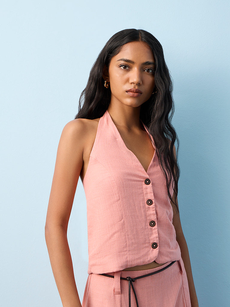 LOV Dusty Pink Solid Linen-Blend Waistcoat