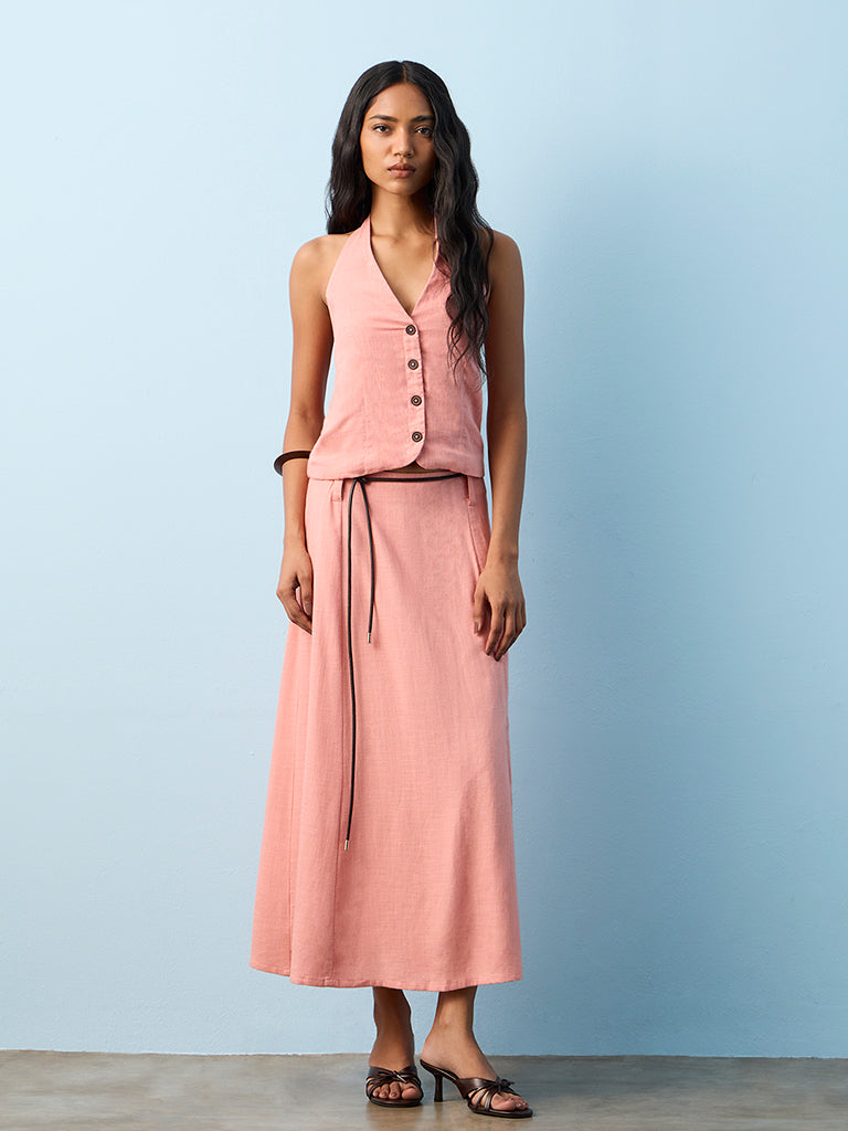 LOV Dusty Pink Solid Linen-Blend Waistcoat