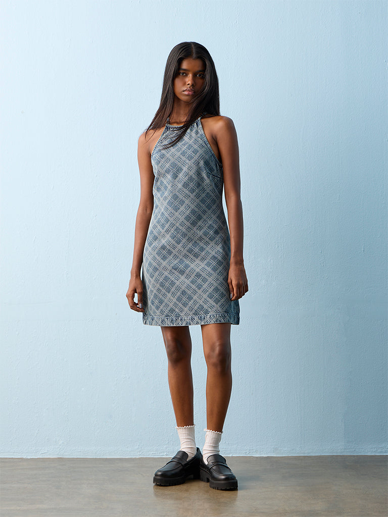 Nuon Blue Checkered Denim Shift Dress