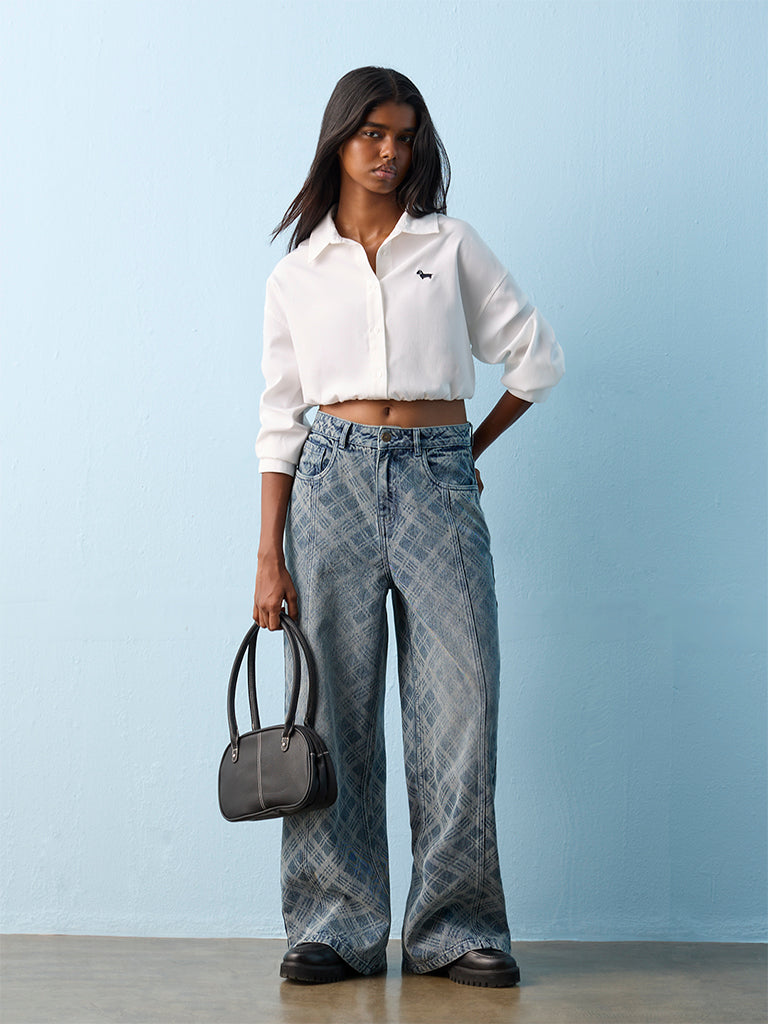 Nuon Blue Checkered High-Rise Jeans