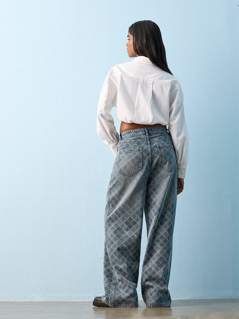 Nuon Blue Checkered High-Rise Jeans