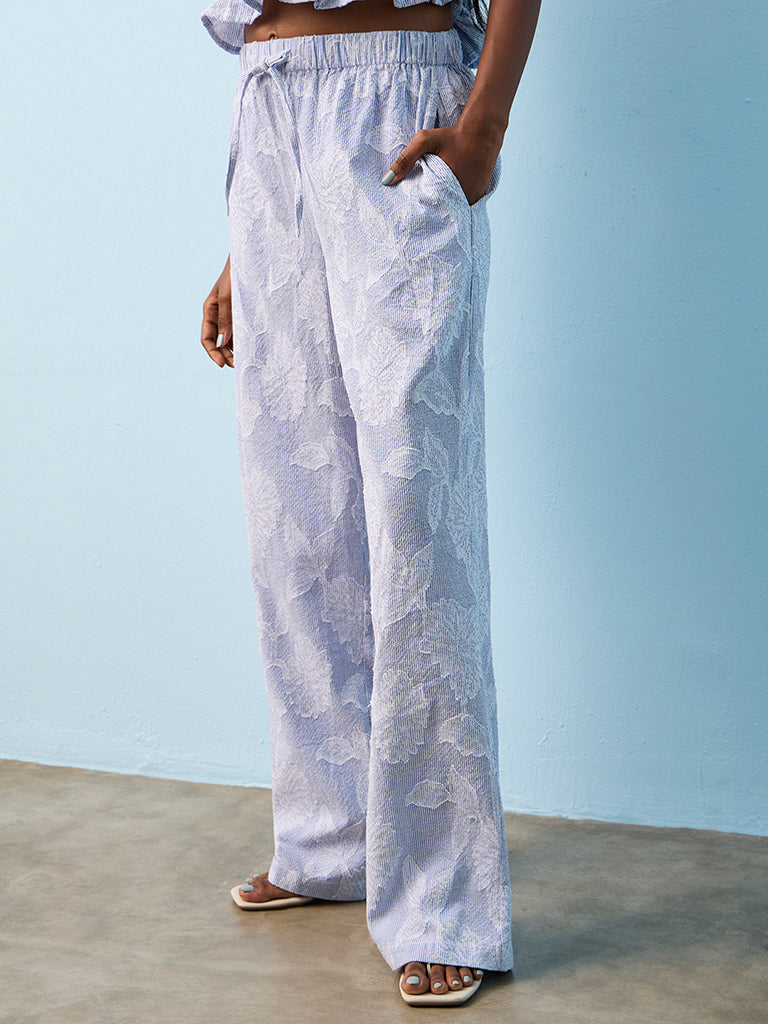 Nuon Blue Floral Design High-Rise Cotton Trousers