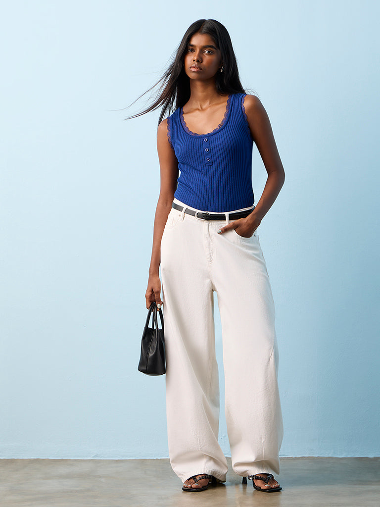 Nuon Blue Ribbed-Textured Tank Top