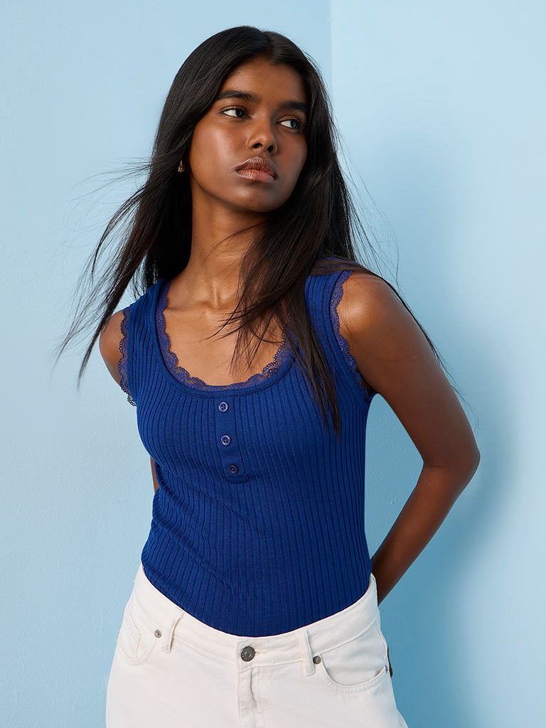Nuon Blue Ribbed-Textured Tank Top