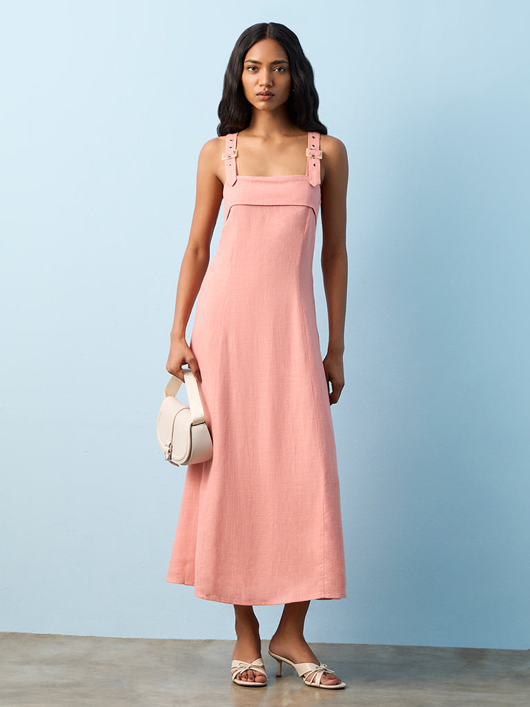 LOV Dusty Pink Solid Linen-Blend A-Line Dress