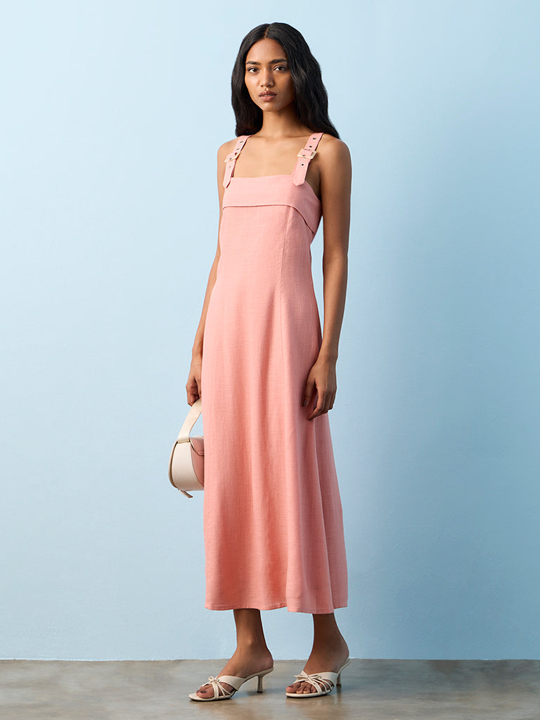LOV Dusty Pink Solid Linen-Blend A-Line Dress