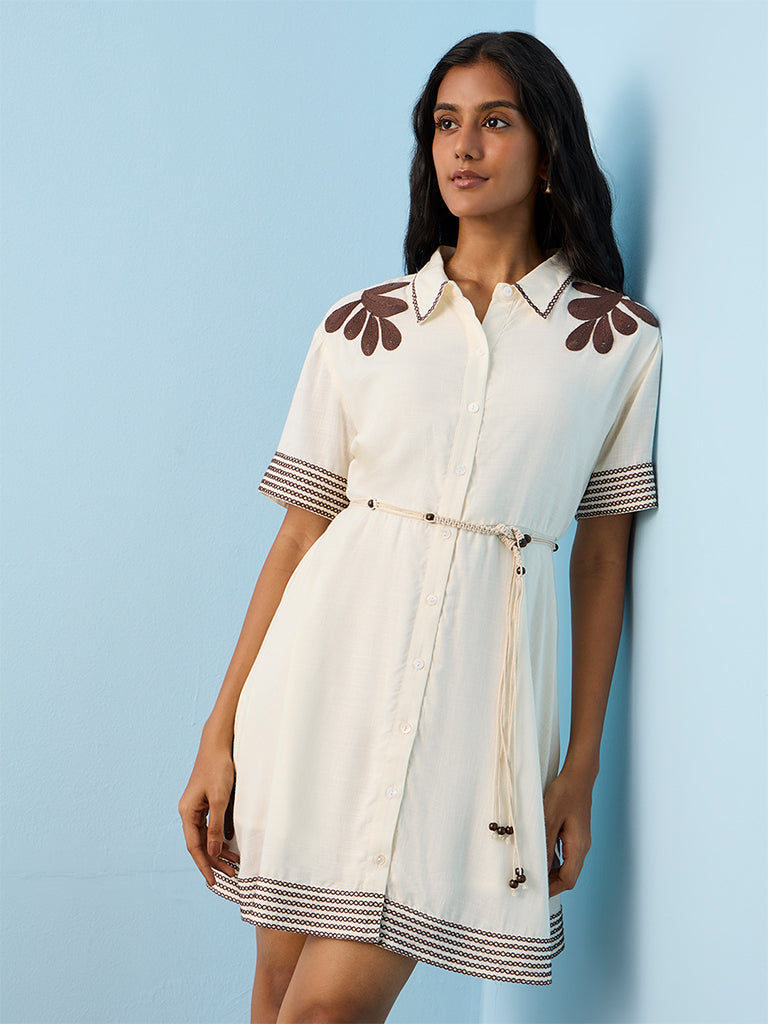 LOV Off-White Embroidered Linen-Blend Shirt Dress