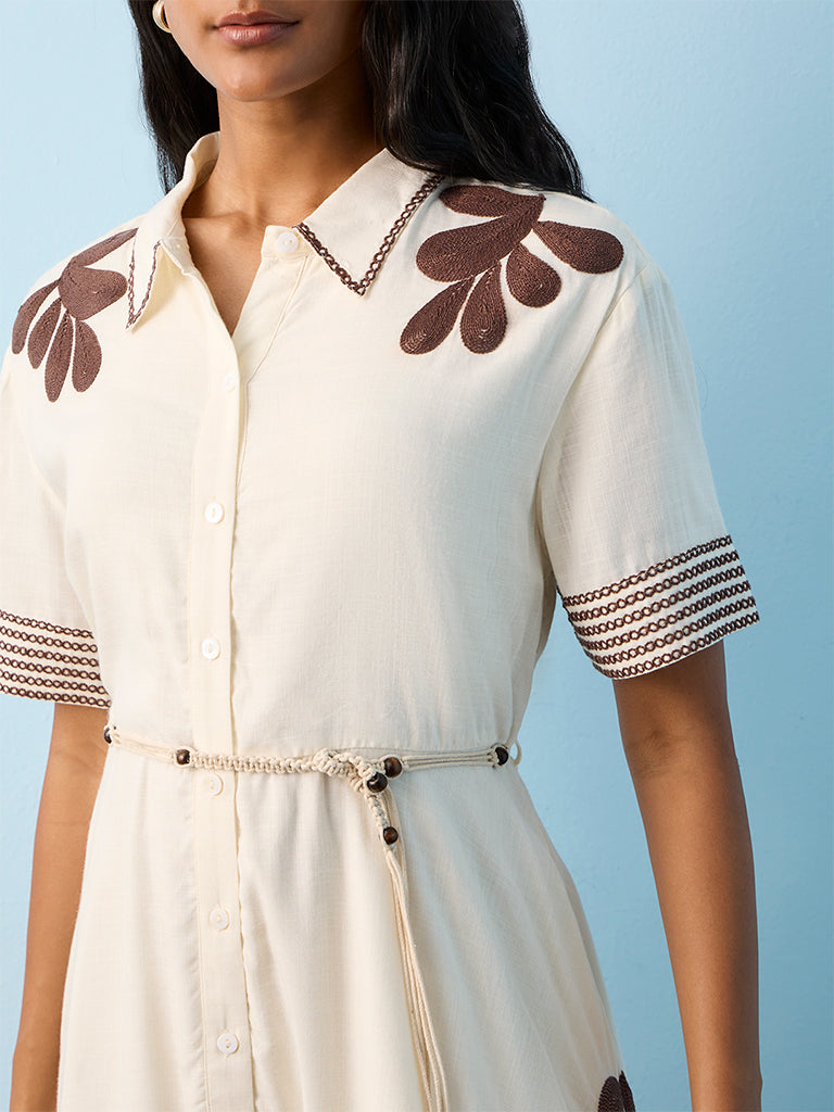 LOV Off-White Embroidered Linen-Blend Shirt Dress