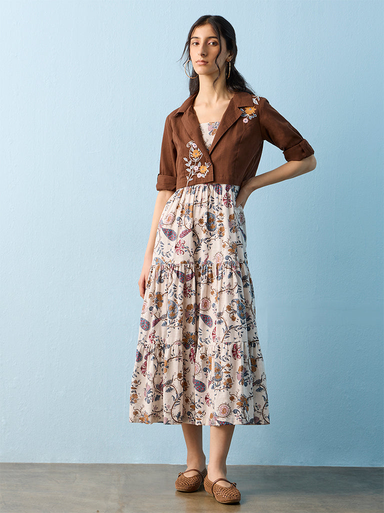 Bombay Paisley Off-White Floral Printed Cotton Tiered Dress with Jacket