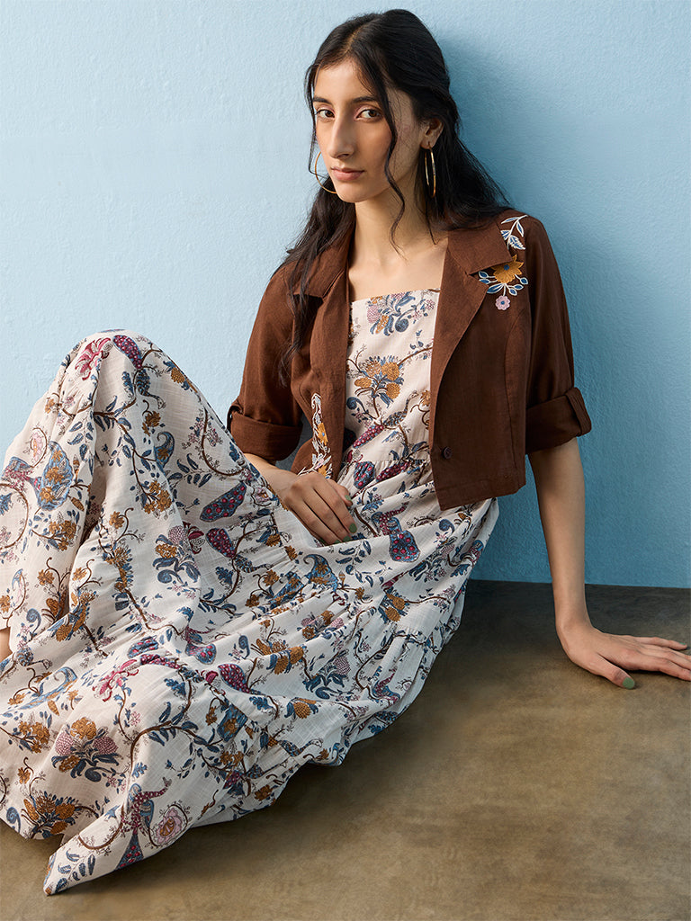 Bombay Paisley Off-White Floral Printed Cotton Tiered Dress with Jacket