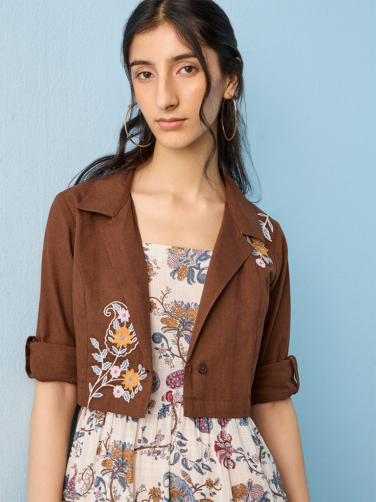 Bombay Paisley Off-White Floral Printed Cotton Tiered Dress with Jacket