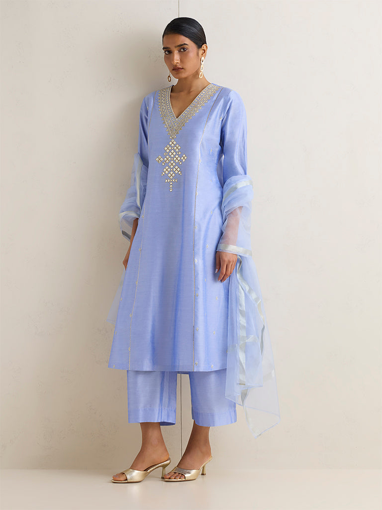 Vark Blue Mirror Work Detailed A-Line Ethnic Set
