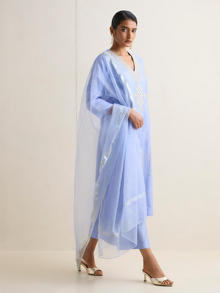 Vark Blue Mirror Work Detailed A-Line Ethnic Set