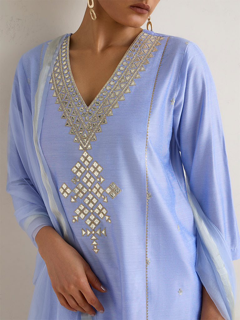 Vark Blue Mirror Work Detailed A-Line Ethnic Set