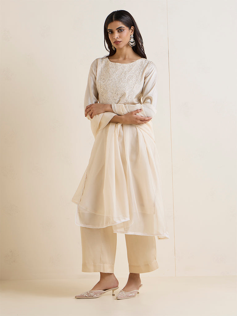 Vark Ivory Floral Embroidered A-Line Ethnic Set