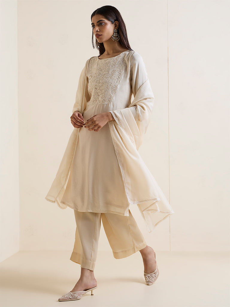 Vark Ivory Floral Embroidered A-Line Ethnic Set