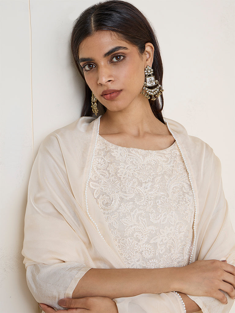 Vark Ivory Floral Embroidered A-Line Ethnic Set