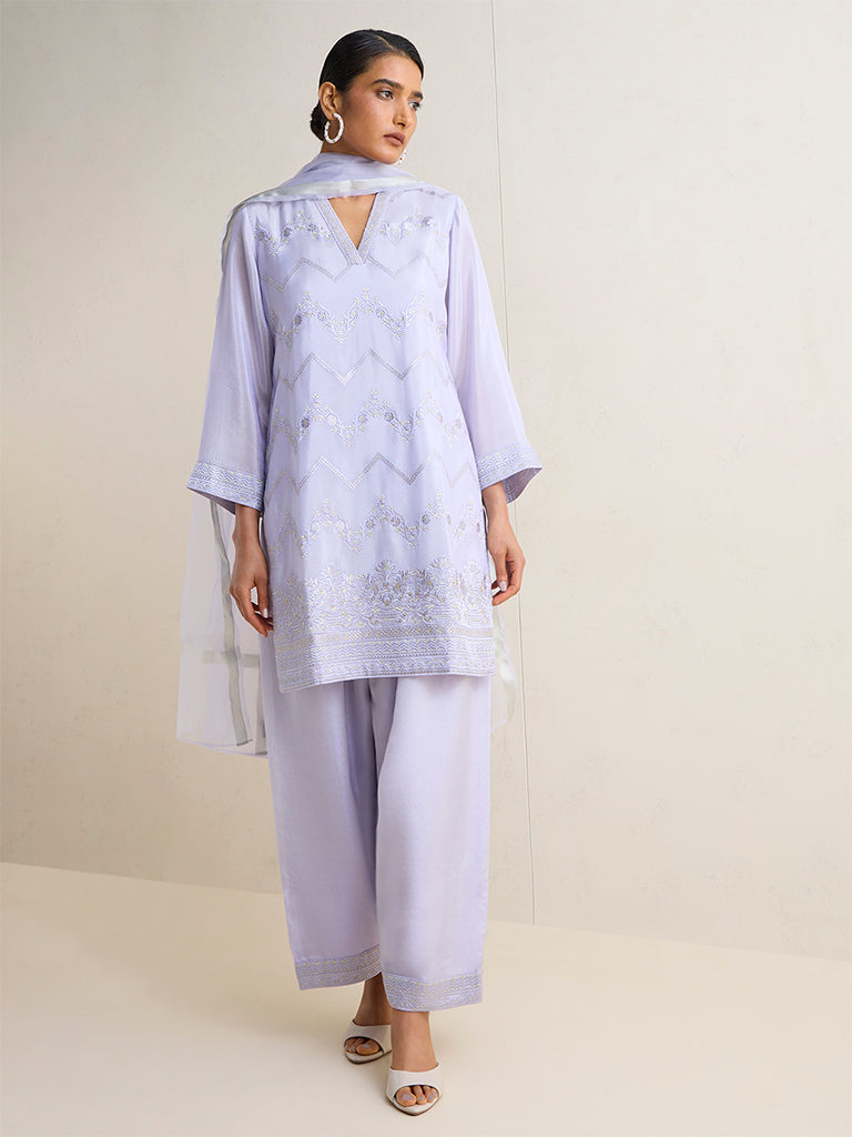 Vark Lilac Floral Embroidered Straight Ethnic Set
