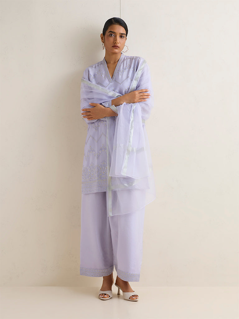 Vark Lilac Floral Embroidered Straight Ethnic Set