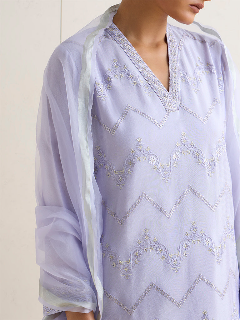 Vark Lilac Floral Embroidered Straight Ethnic Set