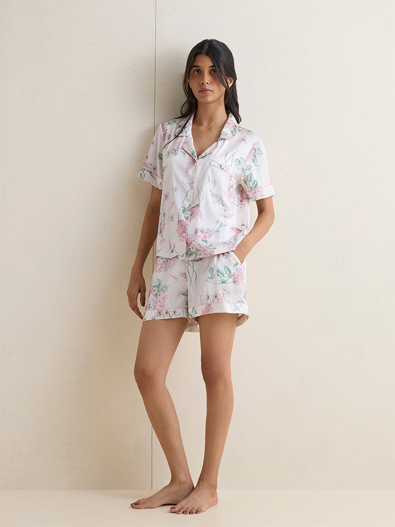 Wunderlove Off-White Floral Print Shirt and Shorts Set