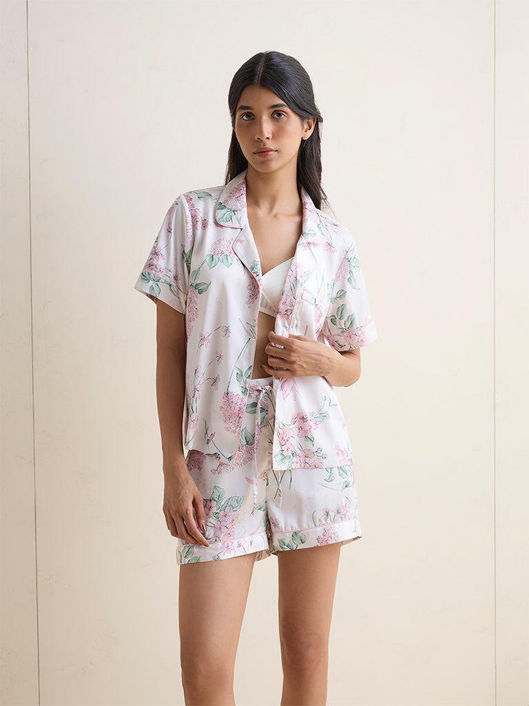 Wunderlove Off-White Floral Print Shirt and Shorts Set