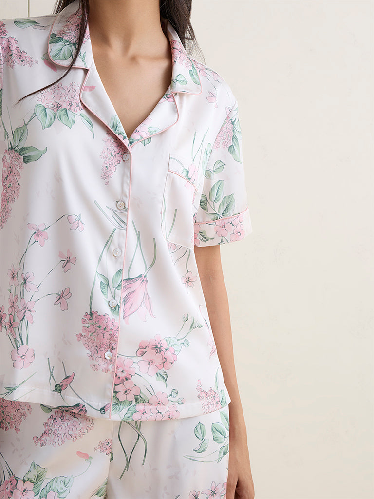 Wunderlove Off-White Floral Print Shirt and Shorts Set