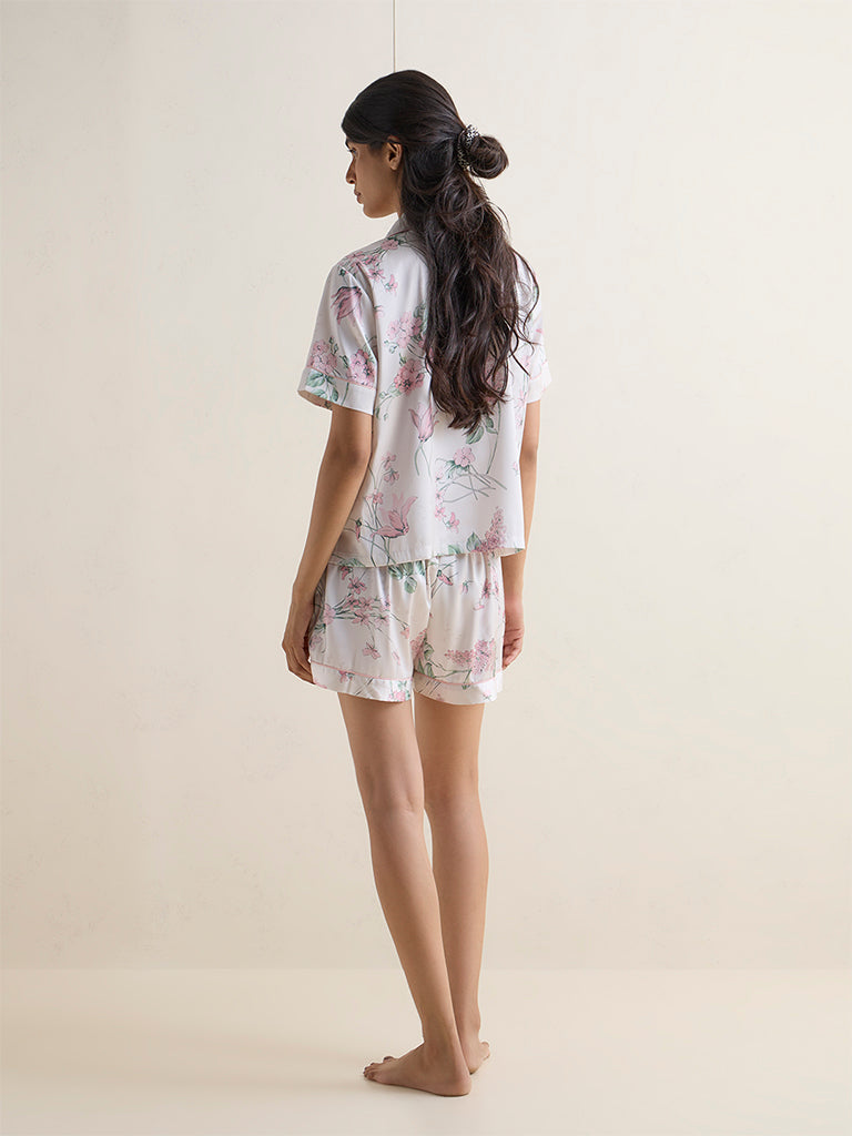 Wunderlove Off-White Floral Print Shirt and Shorts Set