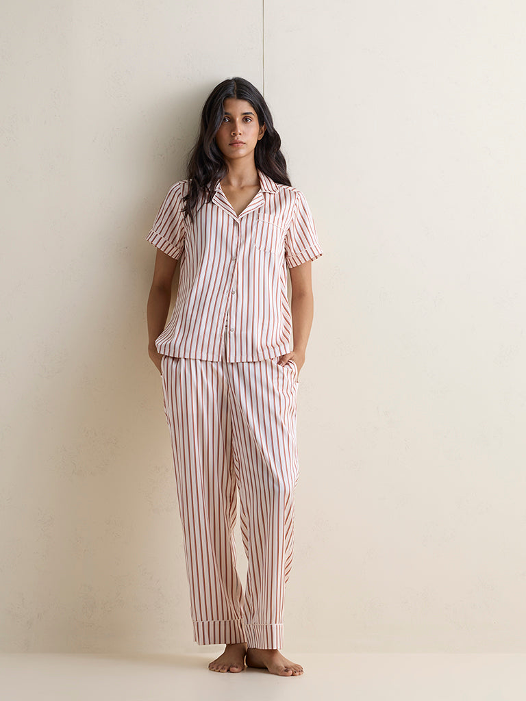 Wunderlove Cream Striped Shirt and Pyjamas Set