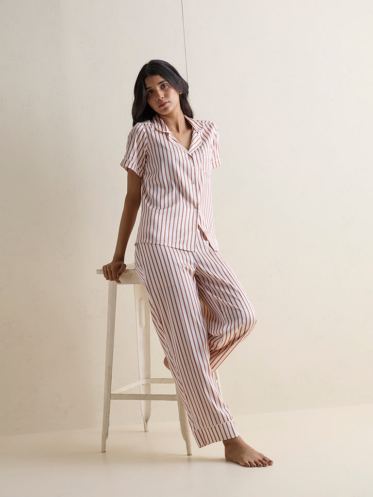 Wunderlove Cream Striped Shirt and Pyjamas Set
