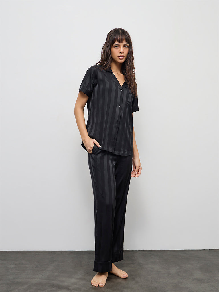 Wunderlove Black Self-Striped Shirt and Pyjama Set