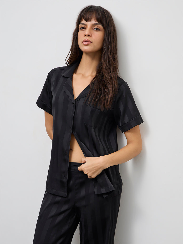 Wunderlove Black Self-Striped Shirt and Pyjama Set