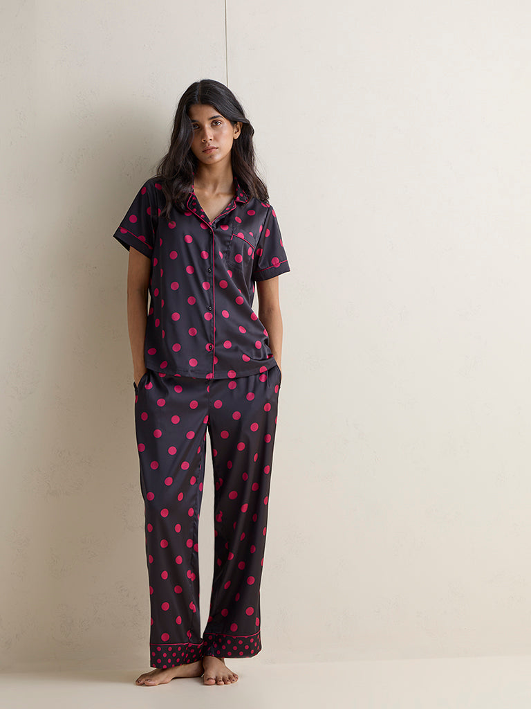 Wunderlove Black Polka-Dot Pattern Shirt and Pyjamas Set
