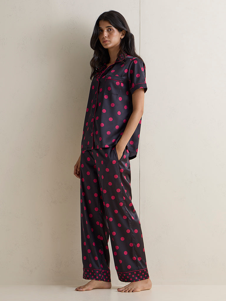 Wunderlove Black Polka-Dot Pattern Shirt and Pyjamas Set