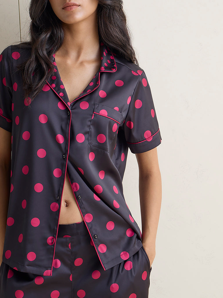 Wunderlove Black Polka-Dot Pattern Shirt and Pyjamas Set