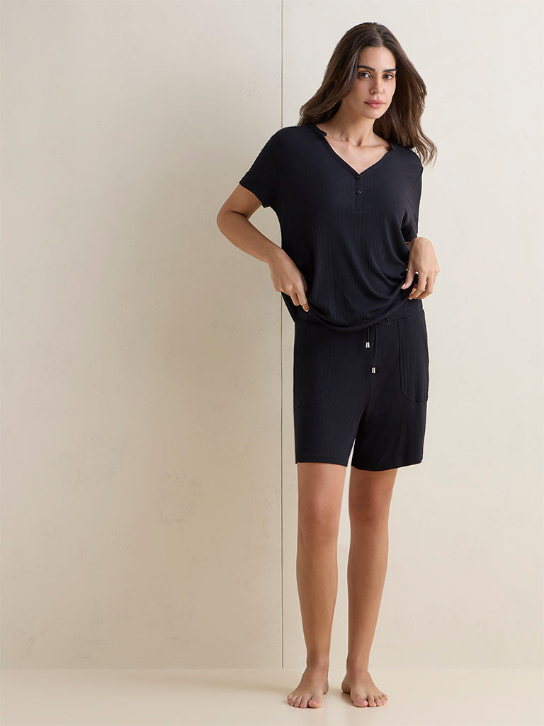 Wunderlove Black Ribbed High-Rise Shorts