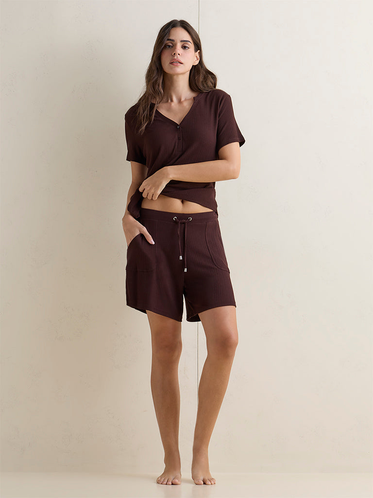 Wunderlove Brown Ribbed High-Rise Shorts