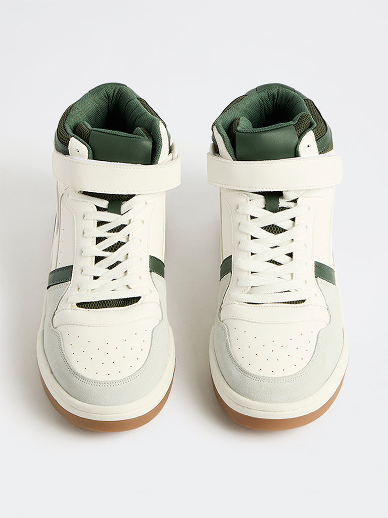 SOLEPLAY White and Green Perforated High-Top Sneakers