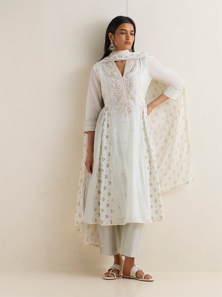 Vark Off-White Floral Pattern Anarkali Ethnic Set
